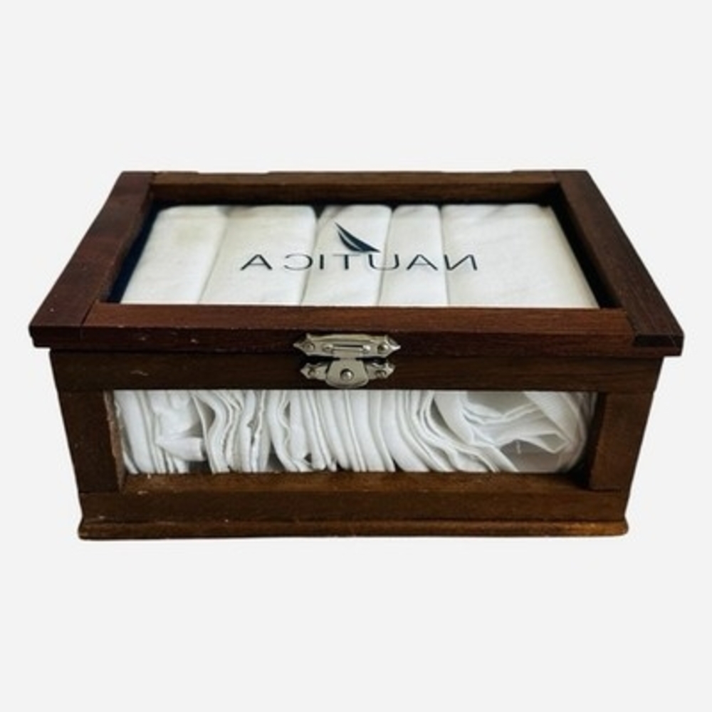 Nautica Wooden Keepsake Box with 6 White Men’s Fine Cotton Handkerchiefs